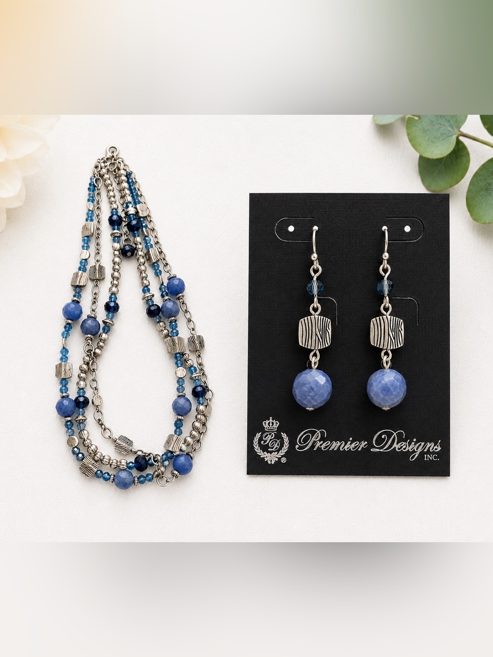 Premier Designs Blue Beaded Necklace & Dangle Earrings Adjustable Convertible